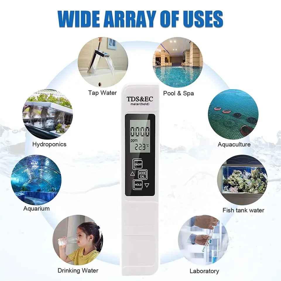 Picture of Digital TDS EC Handheld TDS Meter With Carrying Case, 0 - 9990 ppm TDS Measurement Range, 1 ppm Resolution, +/- 2% Readout Accuracy Measuring Water Quality Purity 