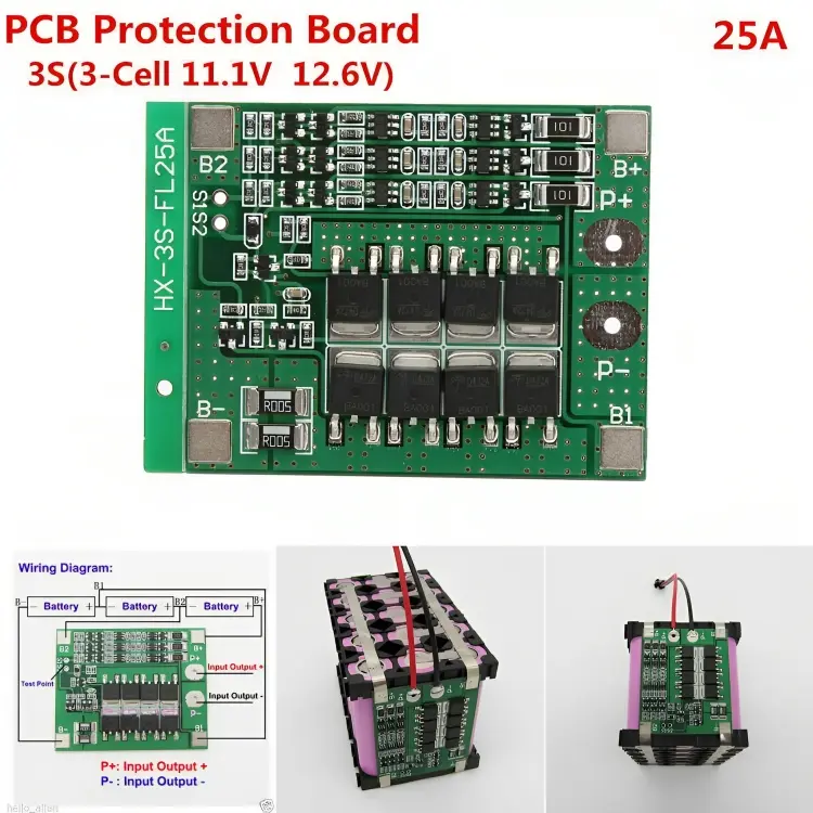 Picture of BMS 3S 25A 12.6V Li-ion 18650 Battery Management System PCM battery protection board with balance for li-ion lipo battery cell pack - Multi Plug 