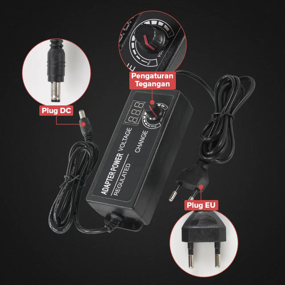Picture of Adjustable Power Adapter 3V-24V 5A with LED Voltmeter 24V Variable Power Supply For 775 DC Motor  LED Monitor Audio Amplifier DC Water Pump - Multi Plug - Multi Plug 