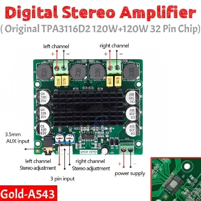 Picture of Gold-A543 Stereo Power Amplifier 8V-24V wide voltage 2 x 120W Class D TPA3116D2 XH-A543 Similar XH-M139 Gold A-543 