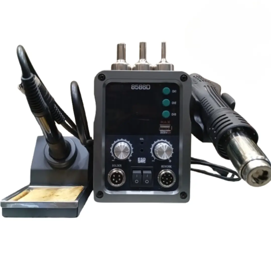 Picture of Mobile Phone Soldering Rework Station Hot Gun With Lead Free Soldering Iron Station & Dual LED Digital Display Adjustable Temperature & Air Flow similar Koocu Baku Active One-Stop 886D+ 8586D Kada 8586D 