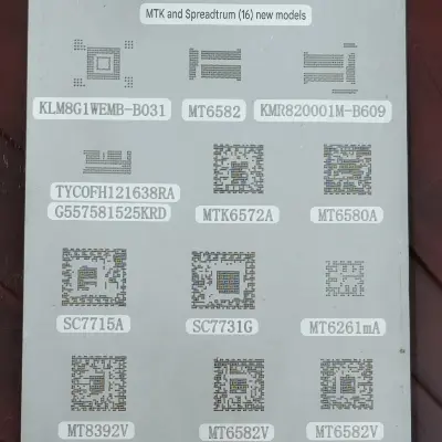 Picture of Universal IC Reballing Sheet BGA Stencils for Samsung HTC Huawei Android Button Mobile Directly Heated Mediatek MTK Spreadtrum Ram EMMc Power Management Chip RF Transceiver GSM GPRS SoC Reballing Stencils Kit A97 Similar A100 A99 A98 