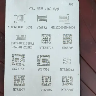 Picture of Universal IC Reballing Sheet BGA Stencils for Samsung HTC Huawei Android Button Mobile Directly Heated Mediatek MTK Spreadtrum Ram EMMc Power Management Chip RF Transceiver GSM GPRS SoC Reballing Stencils Kit A97 Similar A100 A99 A98 