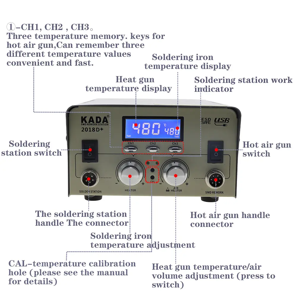 Picture of Dual Display Double digital display 2 IN 1 Hot Air Gun ESD Soldering Station LED Digital Desoldering Station Upgrade kada-2018D+ 