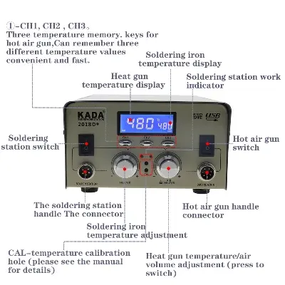 Picture of Dual Display Double digital display 2 IN 1 Hot Air Gun ESD Soldering Station LED Digital Desoldering Station Upgrade kada-2018D+ 