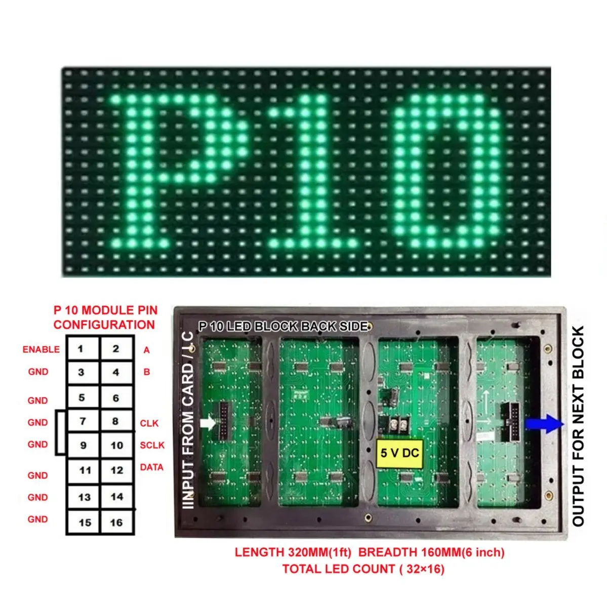Picture of P10 Green Single Color SMD LED Signboard Panel 32*16 Pixel 320*160mm for Single color LED display Scrolling message led sign 16 x 32 P10 Green SMD