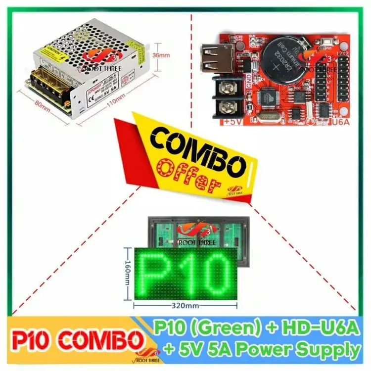 Picture of P10 Single Color Digital Signboard Combo Bundle 32x16 Pixel SMD 12"x6" Panel + 5V 5A PS + HD-U6a Control Card 