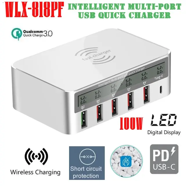 Picture of WLX-818PF - 6 USB Intelligent LED Fast Wirelesss Charging Station 100W Universal