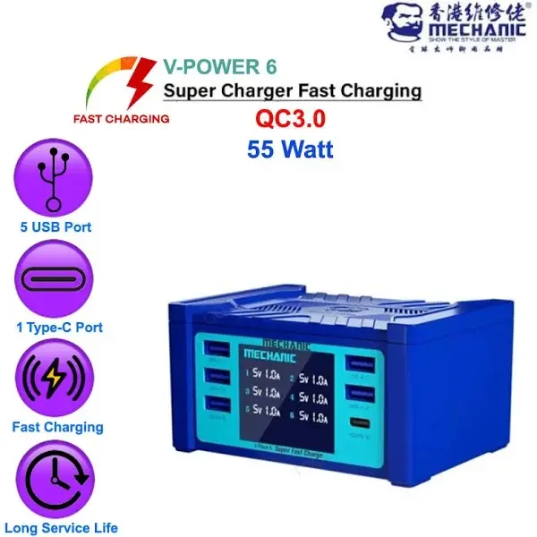 Picture of Mechanic V-power 6 super fast charger 55W Multiple interfaces fast charging for ipad mobile phones smart watches Charger for Mobile Phone Tablets Smart Watches QC 3.0 PD Quick Charging Tool Universal