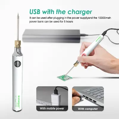 Picture of Handskit Usb Charging Rechargeable Soldering Iron 5V 8W Adjustable Temperature Electric Soldering Iron Kit With Soldering Stand Solderng Wire -White 