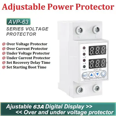 Picture of Adjustable Digital Dual Display Real Time Monitoring Over Current Over Voltage Protector AC 220V 63A Household Din Rail 