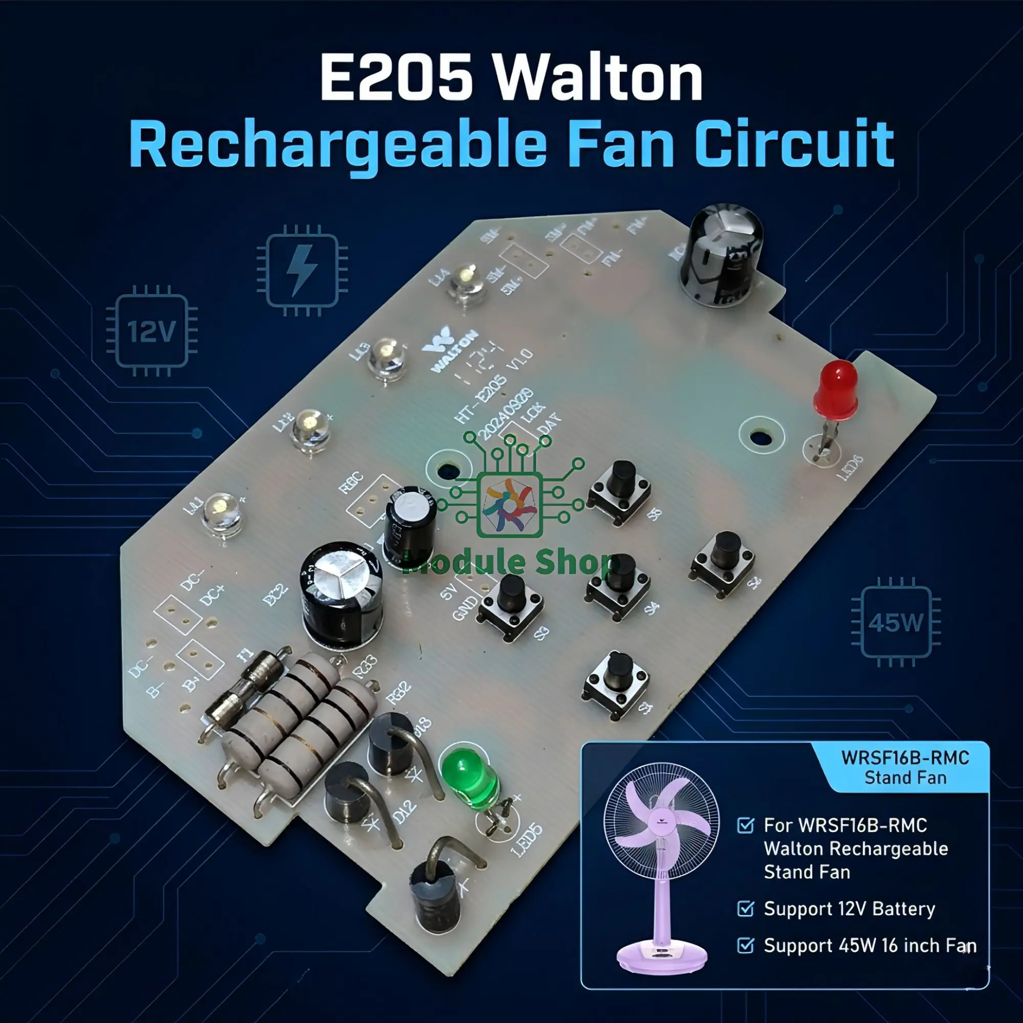 Picture of HT-E205 Walton Rechargeable Stand Fan Circuit Board LED Function 12V 45W 16 inch Fan Driver Board Replacement Parts of WRSF16B-RMC 