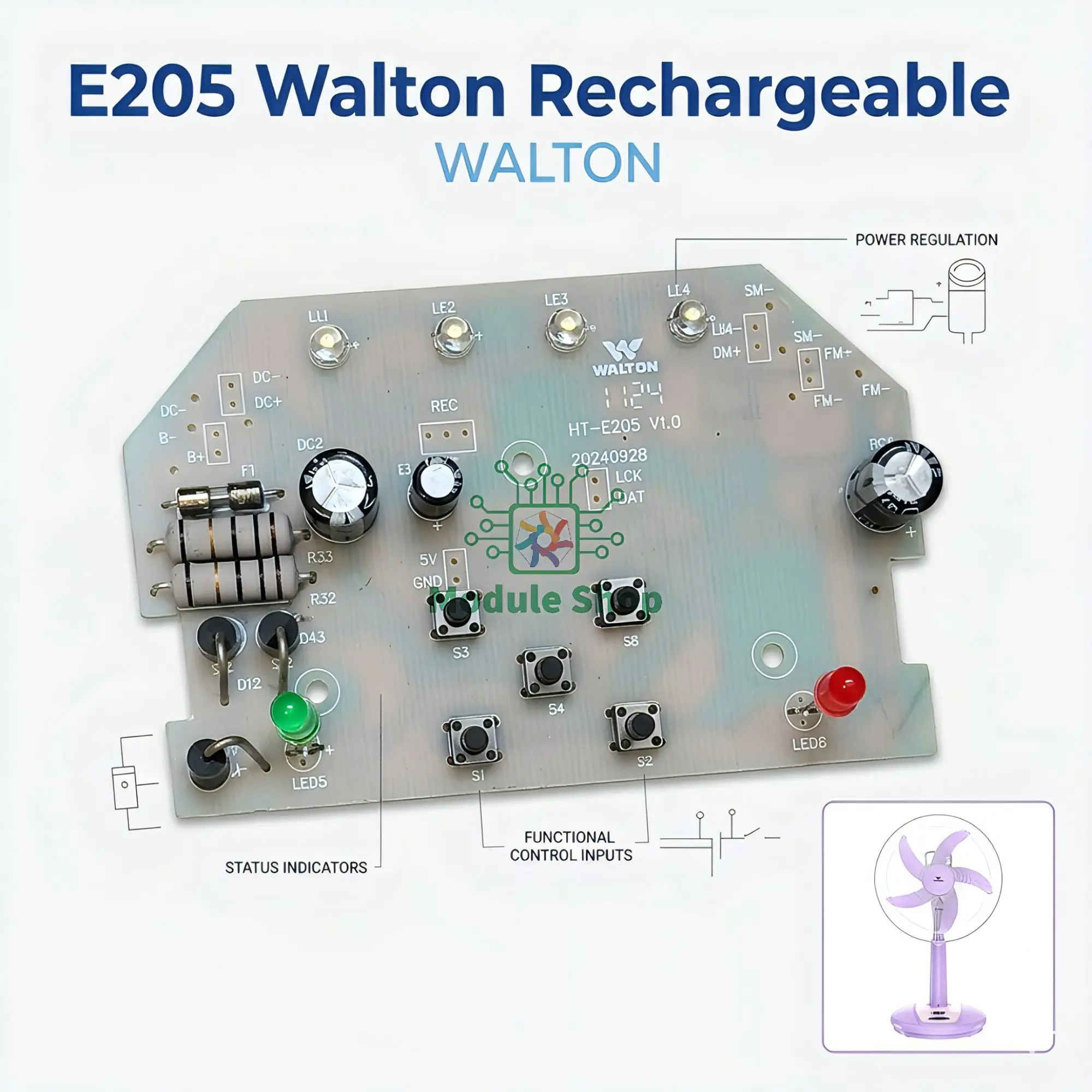 Picture of HT-E205 Walton Rechargeable Stand Fan Circuit Board LED Function 12V 45W 16 inch Fan Driver Board Replacement Parts of WRSF16B-RMC 