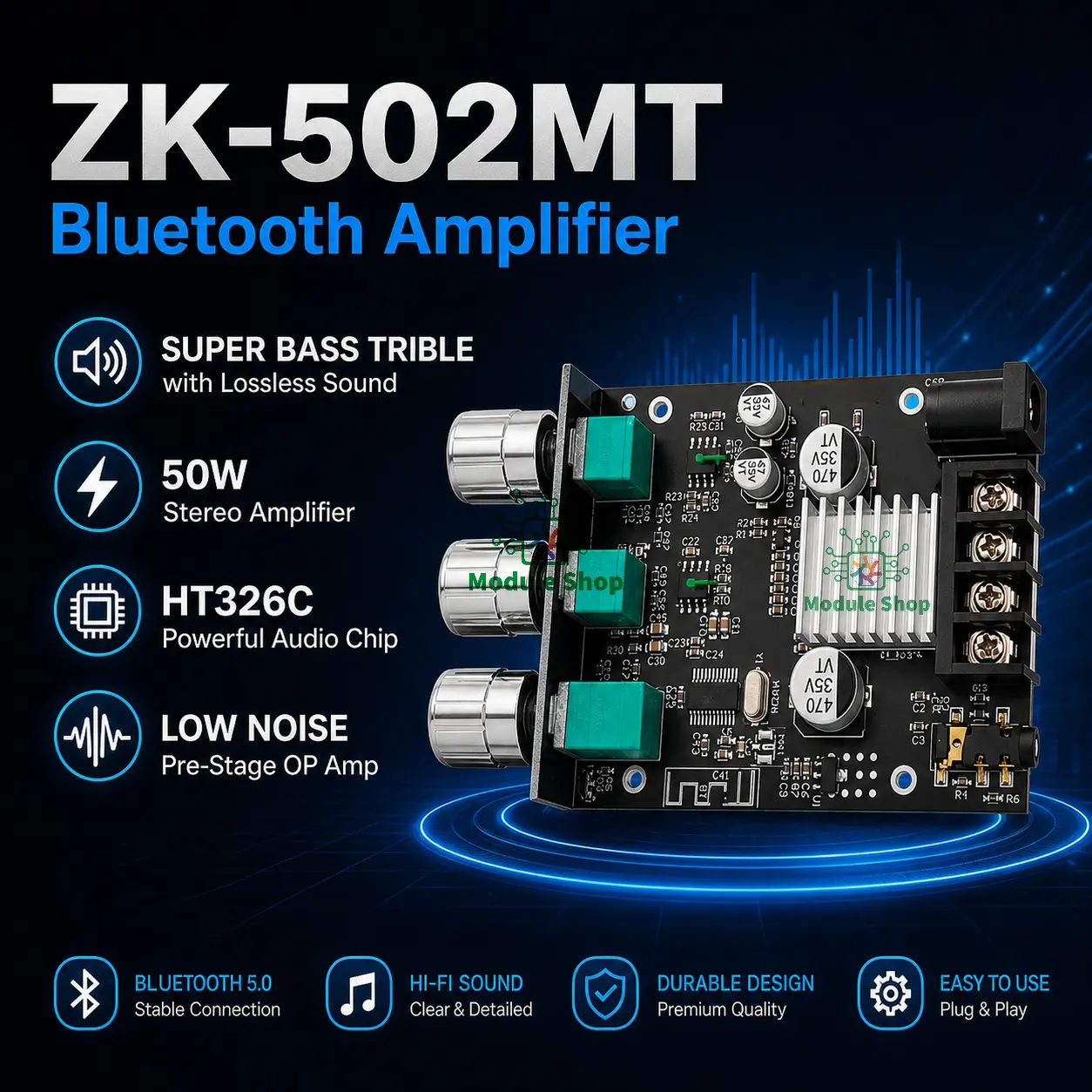 Picture of ZK-502MT Bluetooth 5.0 Super Base Amplifier Board with Acrylic Box Sell 2.0 Channel 2x50W Power Audio Stereo Amplifier Board AUX Bass Treble AMP similar ZK-502M CA-502MT 502MT 