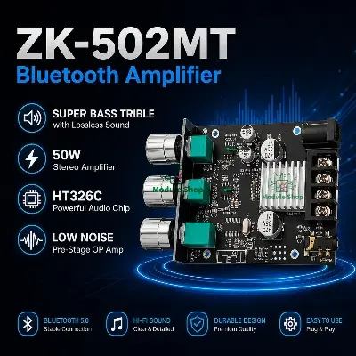 Picture of ZK-502MT Bluetooth 5.0 Super Base Amplifier Board with Acrylic Box Sell 2.0 Channel 2x50W Power Audio Stereo Amplifier Board AUX Bass Treble AMP similar ZK-502M CA-502MT 502MT 
