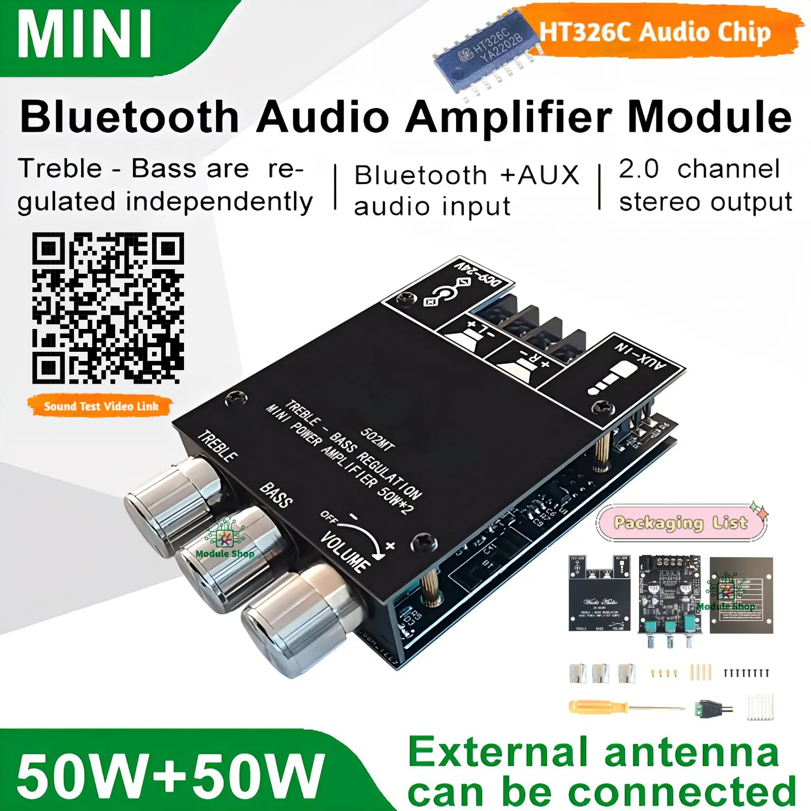 Picture of ZK-502MT Bluetooth 5.0 Super Base Amplifier Board with Acrylic Box Sell 2.0 Channel 2x50W Power Audio Stereo Amplifier Board AUX Bass Treble AMP similar ZK-502M CA-502MT 502MT 