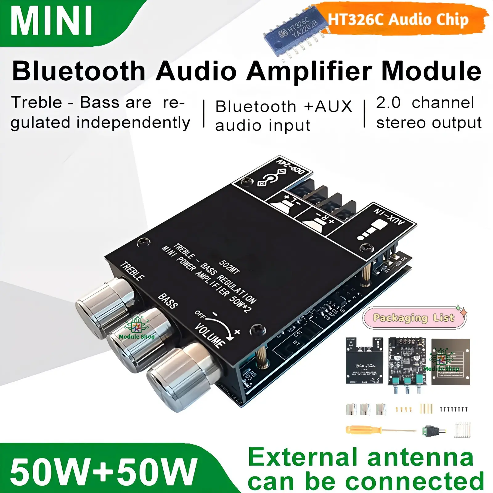 Picture of ZK-502MT Bluetooth 5.0 Super Base Amplifier Board with Acrylic Box Sell 2.0 Channel 2x50W Power Audio Stereo Amplifier Board AUX Bass Treble AMP similar ZK-502M CA-502MT 502MT 