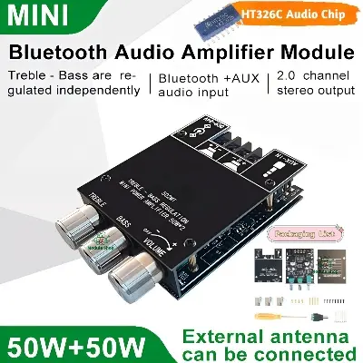 Picture of ZK-502MT Bluetooth 5.0 Super Base Amplifier Board with Acrylic Box Sell 2.0 Channel 2x50W Power Audio Stereo Amplifier Board AUX Bass Treble AMP similar ZK-502M CA-502MT 502MT 