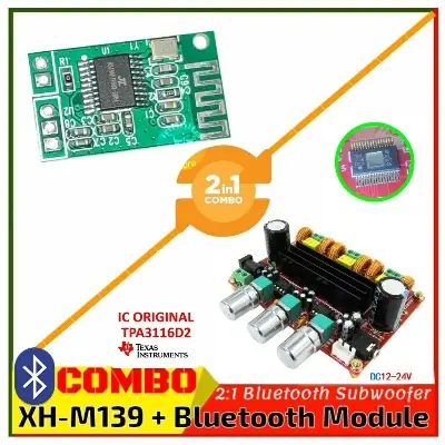 Picture of Bluetooth Audio Receiver combo 2:1 50W+50W:100W Subwoofer Digital Power Amplifier 12V-24V TPA3116D2 XH-M139 + 5V Multicolor