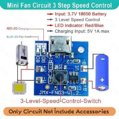 Picture of Mini Rechargeable Fan Circuit 3 Step Fan Speed Control & LED Light Control Replacement Parts Light Function