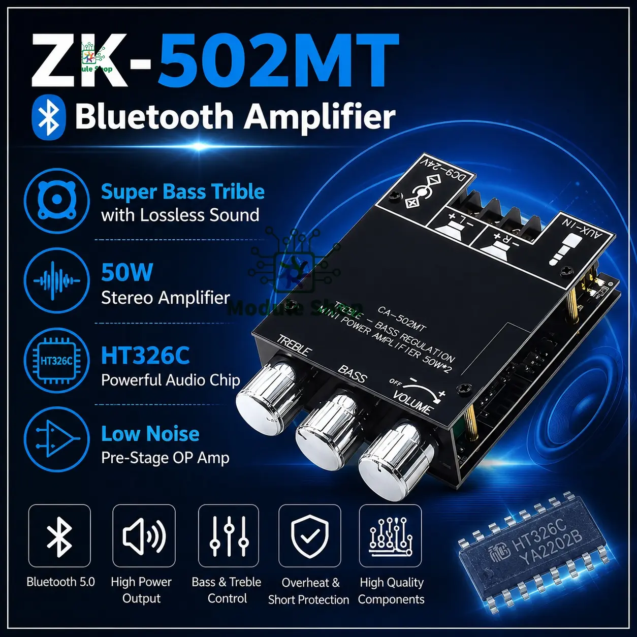Picture of ZK-502MT Bluetooth 5.0 Subwoofer Amplifier Board 2.0 Channel 502MT 2*50W Power Audio Stereo Amplifier Board AUX Bass Treble AMP Similar ZK-502M CA-502MT 502MT 