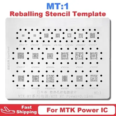 Picture of MT:1 MT2 MTK Mediatek Power IC Reballing Stencil Template For MT6311P MT6332P MT6328V MT6323LGA MT6165V MT6320 MT6176V  MT6329A MT6628QP Professional Phone Soldering Rework Repair MT:1 Reballing Stencil
