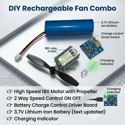 Picture of Diy Mini Rechargeable Fan Combo 3 Step Speed Control with Short Circuit and Battery Protection 180 Fan Motor Propeller 18650 Li-ion Battery No Soldering 