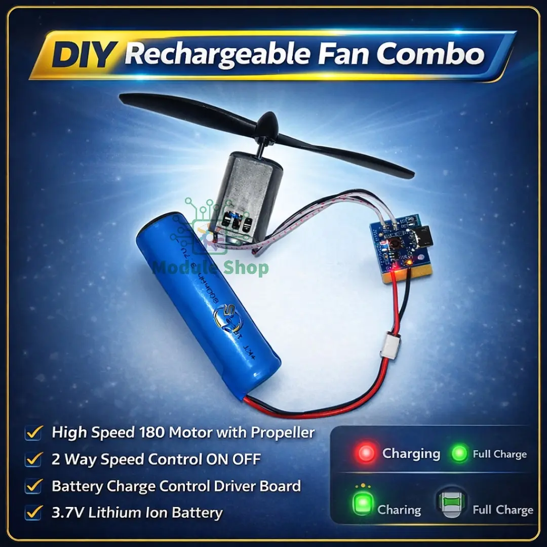 Picture of Diy Mini Rechargeable Fan Combo 3 Step Speed Control with Short Circuit and Battery Protection 180 Fan Motor Propeller 18650 Li-ion Battery No Soldering 