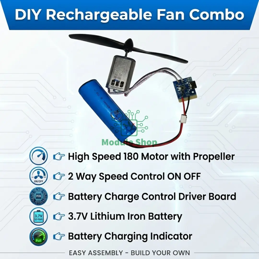 Picture of Diy Mini Rechargeable Fan Combo 3 Step Speed Control with Short Circuit and Battery Protection 180 Fan Motor Propeller 18650 Li-ion Battery No Soldering 