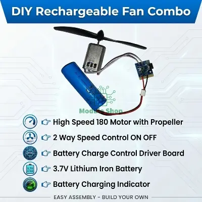 Picture of Diy Mini Rechargeable Fan Combo 3 Step Speed Control with Short Circuit and Battery Protection 180 Fan Motor Propeller 18650 Li-ion Battery No Soldering 
