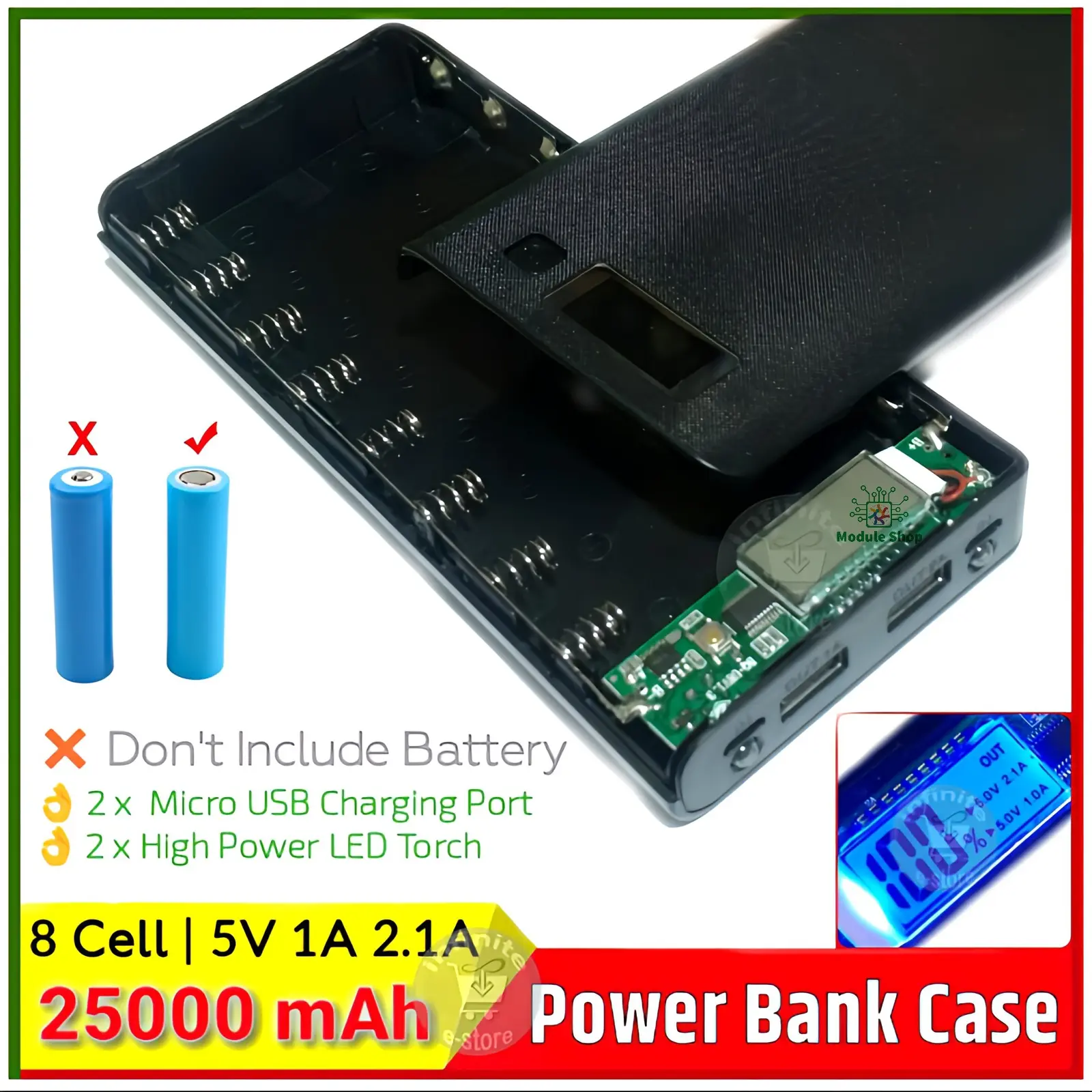 Picture of DIY Battery Charger Box for 8x18650 Power Bank Casing with Digital LED Display Circuit 5V 2A 2xUSB Output 2xCharging Port without Battery for Mobile Phone Charging 5V USB LED etc Random Color