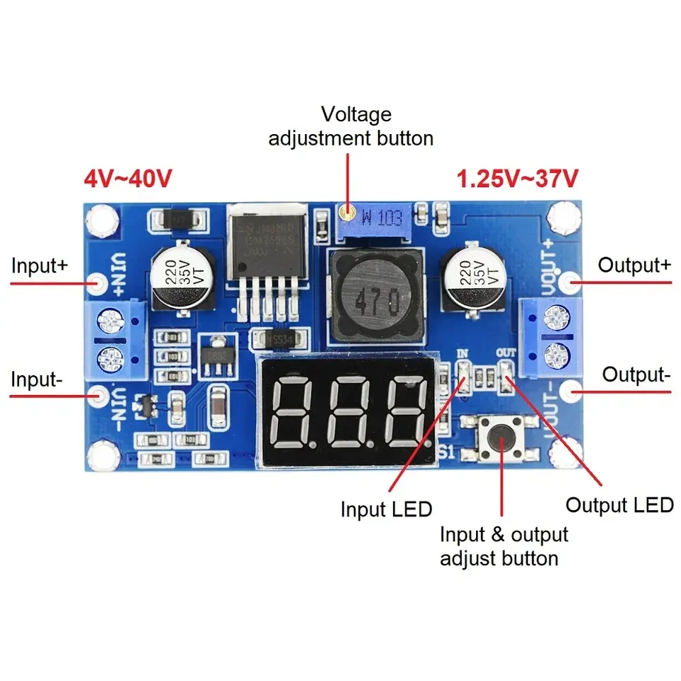 Picture of LM2596 DC Buck Module + LED Display Voltmeter 3A Adjustable Step Down Converter for Diy Power WiFi Router Onu Blue