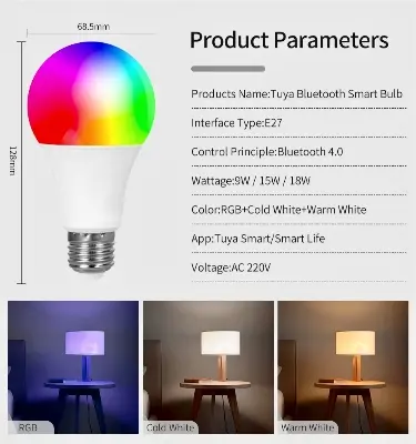 Picture of 220V E27 Bluetooth Smart Bulb 9W Color Changeable LED RGB Lamp Dimmable Smart Life APP Control Timer Function 
