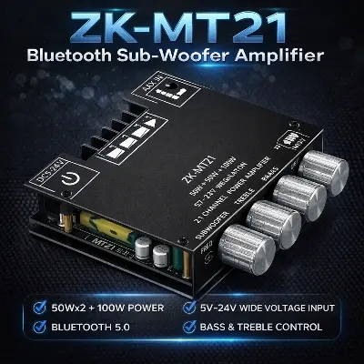 Picture of  ZK-MT21 2.1 channel Class D subwoofer amplifier board delivering up to 50W+50W+100W
Output.It features Bluetooth 5.0 for wireless connectivity (up to 15m), plus an AUX input. It supports 12-24V DC input and features volume Black