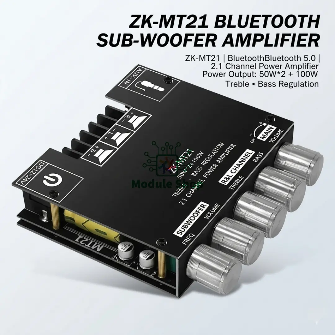 Picture of  ZK-MT21 2.1 channel Class D subwoofer amplifier board delivering up to 50W+50W+100W
Output.It features Bluetooth 5.0 for wireless connectivity (up to 15m), plus an AUX input. It supports 12-24V DC input and features volume Black