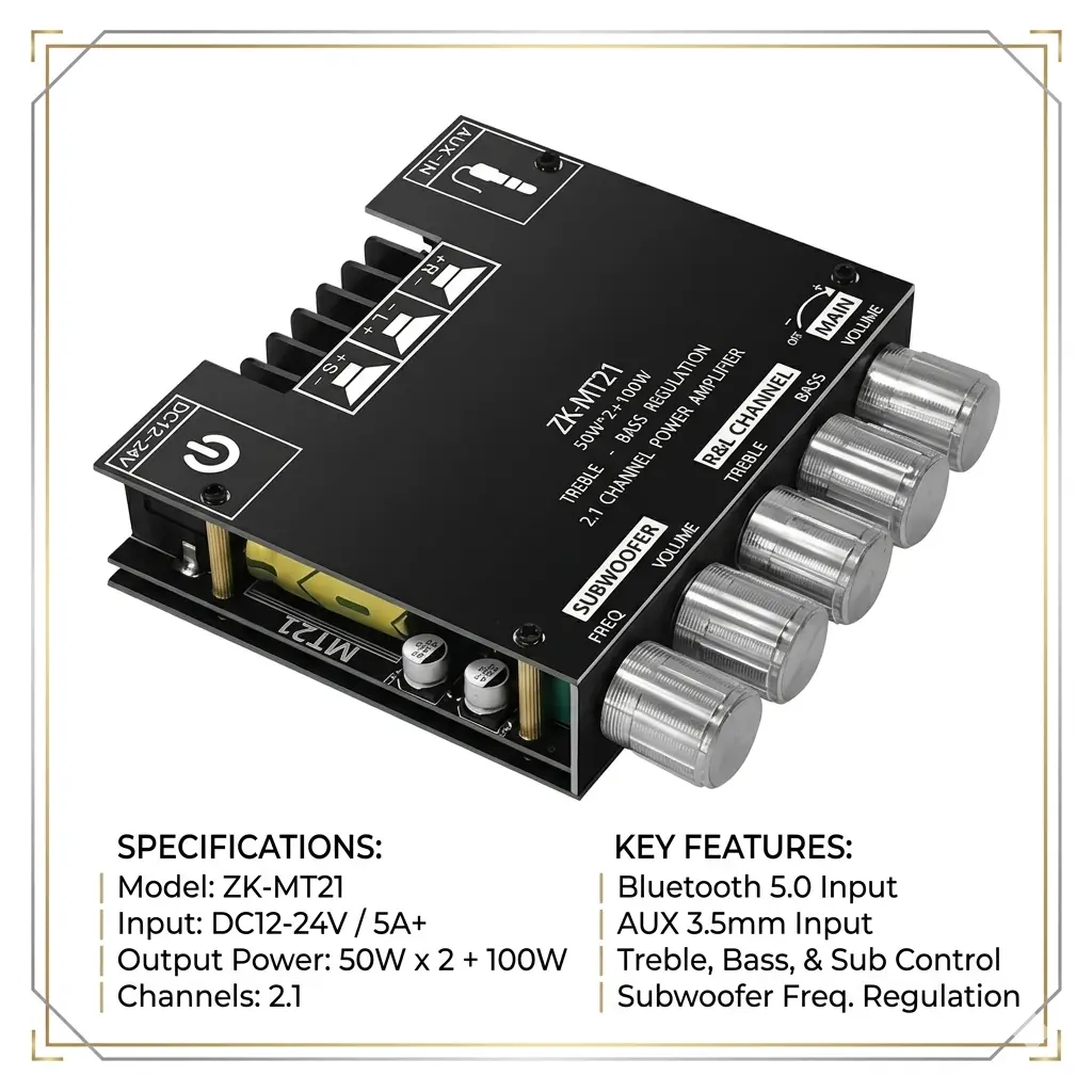 Picture of  ZK-MT21 2.1 channel Class D subwoofer amplifier board delivering up to 50W+50W+100W
Output.It features Bluetooth 5.0 for wireless connectivity (up to 15m), plus an AUX input. It supports 12-24V DC input and features volume Black