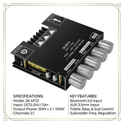 Picture of  ZK-MT21 2.1 channel Class D subwoofer amplifier board delivering up to 50W+50W+100W
Output.It features Bluetooth 5.0 for wireless connectivity (up to 15m), plus an AUX input. It supports 12-24V DC input and features volume Black