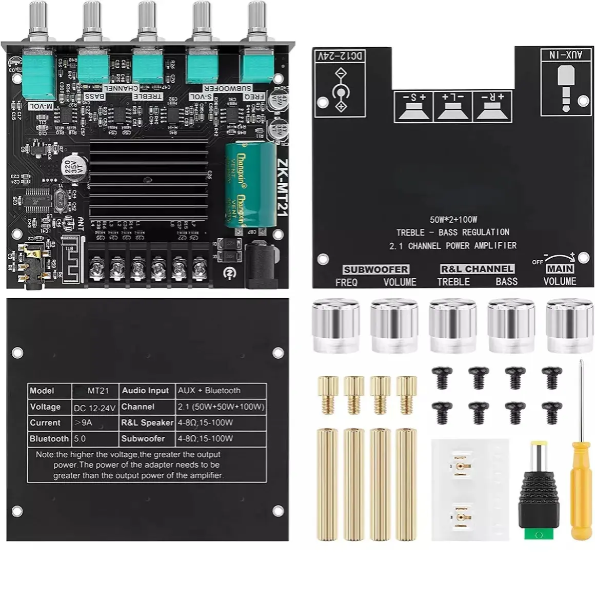 Picture of MT21 Bluetooth 5.0 Subwoofer Amplifier Board 50WX2+100W 2.1 Channel Power Audio Stereo Amplifier Tone Board Bass AMP AUX Donestic Chip similar CA-MT21 ZK-MT21 Black