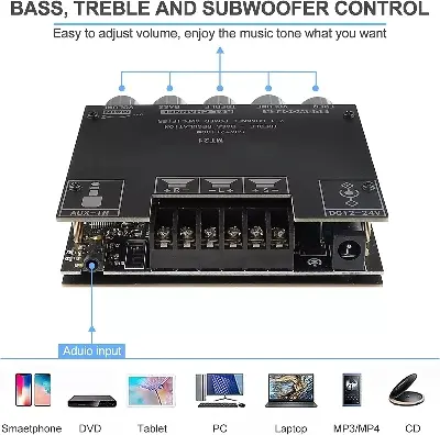 Picture of MT21 Bluetooth 5.0 Subwoofer Amplifier Board 50WX2+100W 2.1 Channel Power Audio Stereo Amplifier Tone Board Bass AMP AUX Donestic Chip similar CA-MT21 ZK-MT21 Black