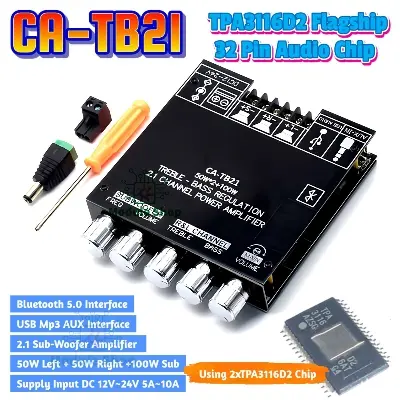 Picture of TB21 TPA3116D2 Flagship Chip Bluetooth 5.0 Subwoofer Digital Amplifier Board 2x50W+100W 2.1 Channel Power Audio Stereo Bass AMP for Home Theater Sound System with Filter similar CA-TB21 ZK-TB21 