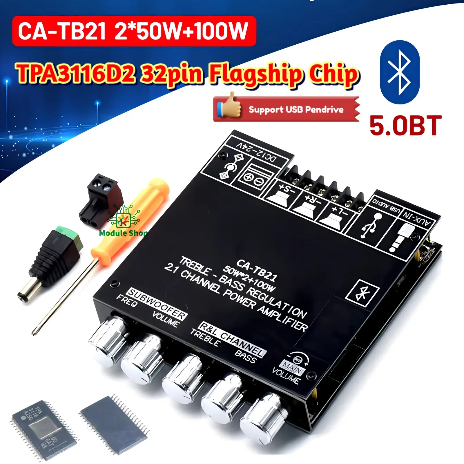 Picture of TB21 TPA3116D2 Flagship Chip Bluetooth 5.0 Subwoofer Digital Amplifier Board 2x50W+100W 2.1 Channel Power Audio Stereo Bass AMP for Home Theater Sound System with Filter similar CA-TB21 ZK-TB21 