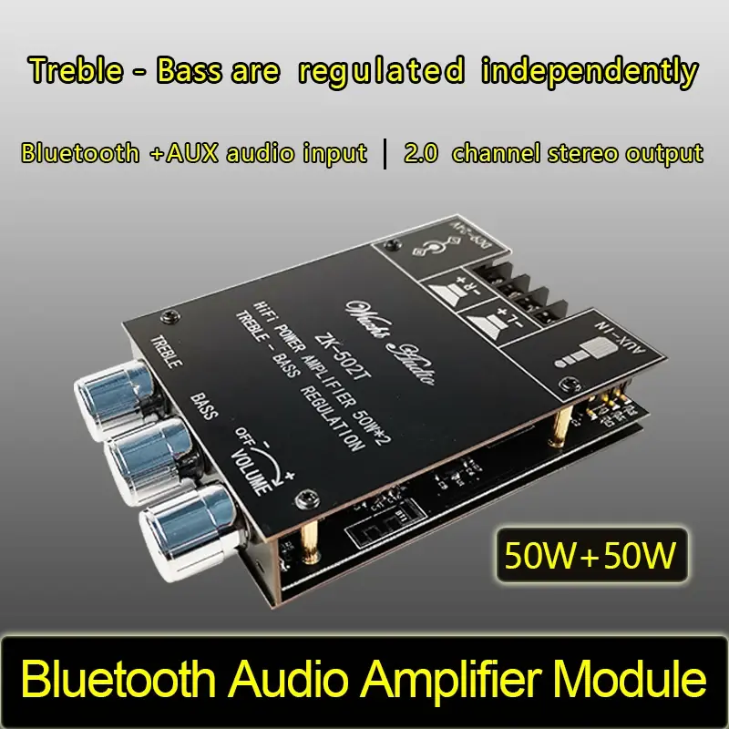 Picture of ZK-502T TPA3116D2 Bluetooth-compatible 5.0 Subwoofer Amplifier Board 2.0 Channel High Power Audio Stereo 2*50W Bass AMP Black
