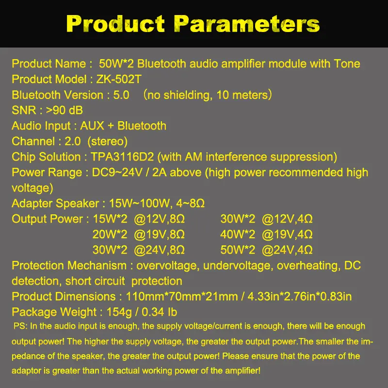 Picture of ZK-502T TPA3116D2 Bluetooth-compatible 5.0 Subwoofer Amplifier Board 2.0 Channel High Power Audio Stereo 2*50W Bass AMP Black