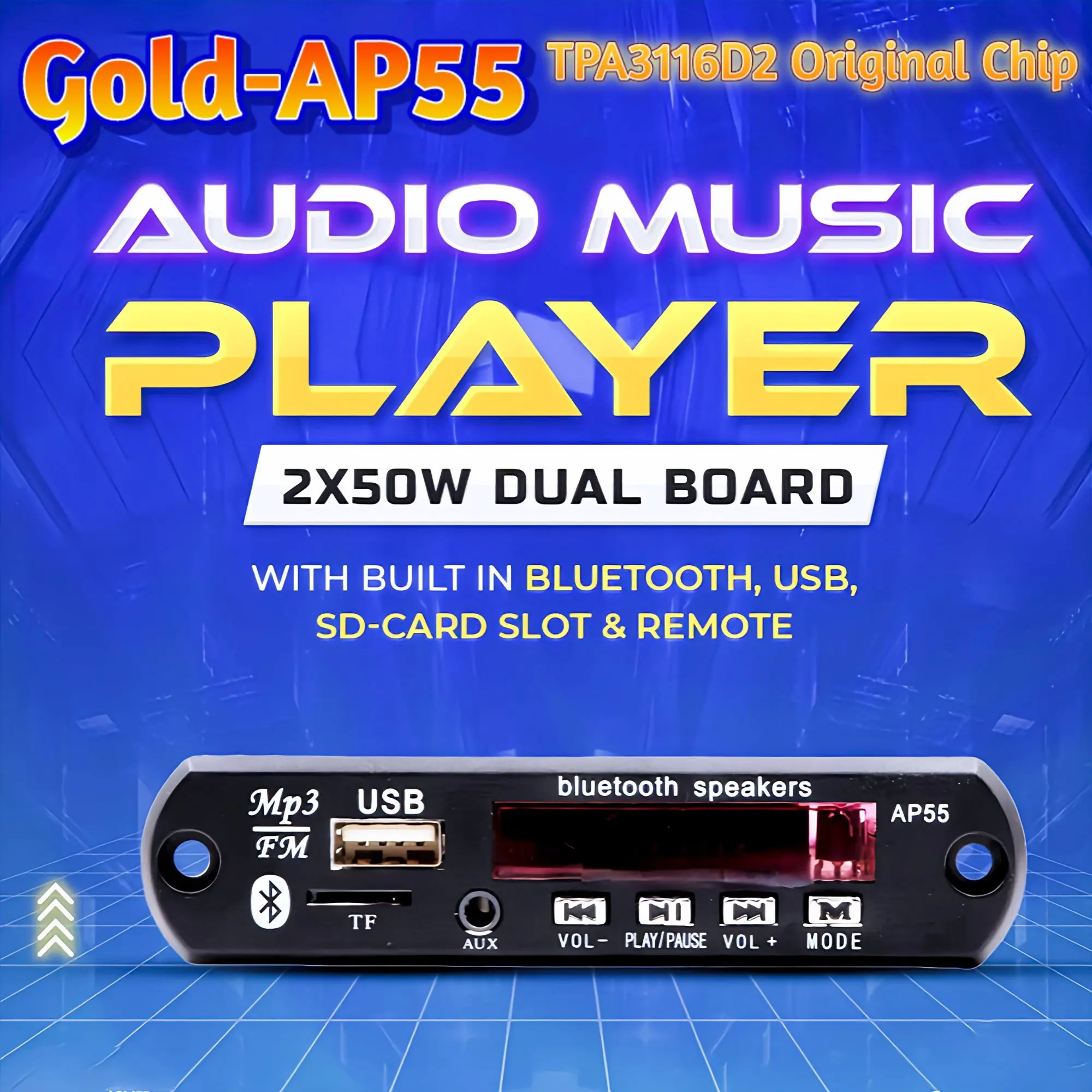 Picture of Gold-Ap55 TPA3116D2 Audio Music Player: 2x50w Dual Board With Built In Bluetooth, Usb, Sd-Card Slot & Remote Black
