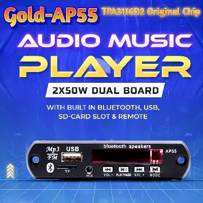 Picture of Gold-Ap55 TPA3116D2 Audio Music Player: 2x50w Dual Board With Built In Bluetooth, Usb, Sd-Card Slot & Remote Black