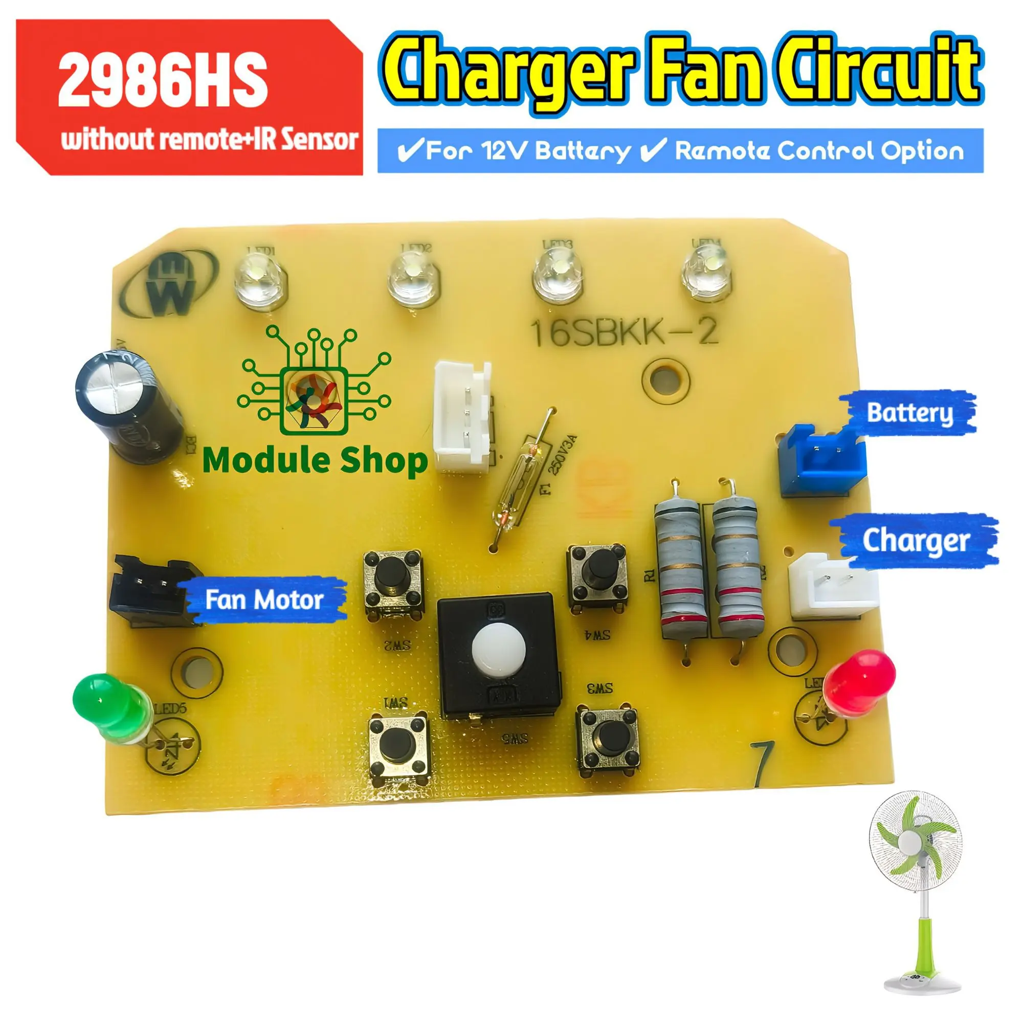 Picture of 2986-HS Rechargeable Fan Circuit update No Need Soldering Connector Type Remote Control Charger Fan Driver Board for 12V Battery BZ-2986HS-2-SMT KN-2986 For Benze Defender Kennedy Sunca Charger Fan 