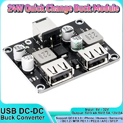 Picture of USB QC3.0 QC2.0 DC-DC Buck Converter Charging Step Down Module 6-32V 9V 12V 24V to Fast Quick Charger Circuit Board 5V 2-Channel 2 USB Output