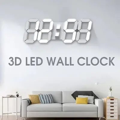Picture of 3D LED Digital Clock Electronic Table Clock Alarm Clock Wall Glowing Hanging Clocks White