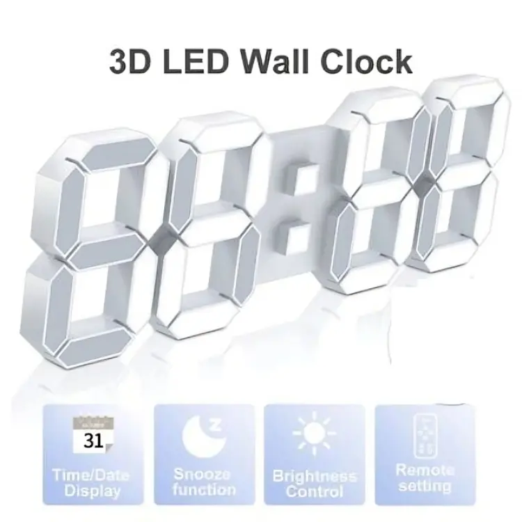 Picture of 3D LED Digital Clock Electronic Table Clock Alarm Clock Wall Glowing Hanging Clocks White