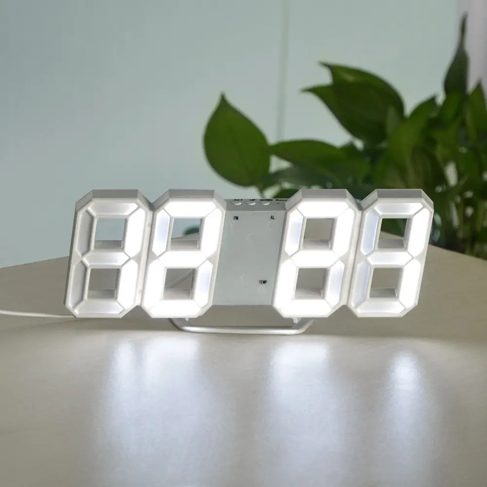 Picture of 3D LED Digital Clock Electronic Table Clock Alarm Clock Wall Glowing Hanging Clocks White